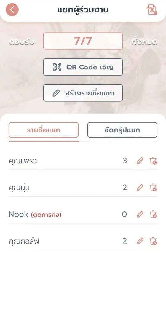 หน้าจอฟีเจอร์ Guest List & RSVP ในแอป All About Wed
